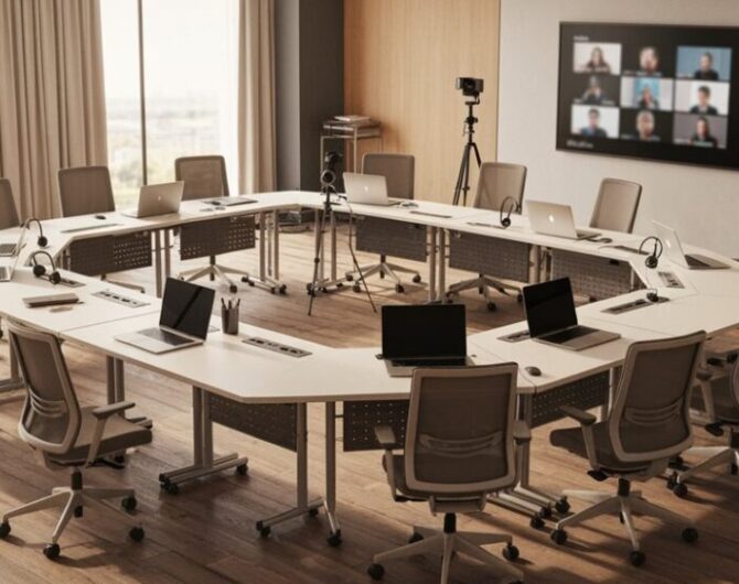 verstellbare Tische für hybride Meetings